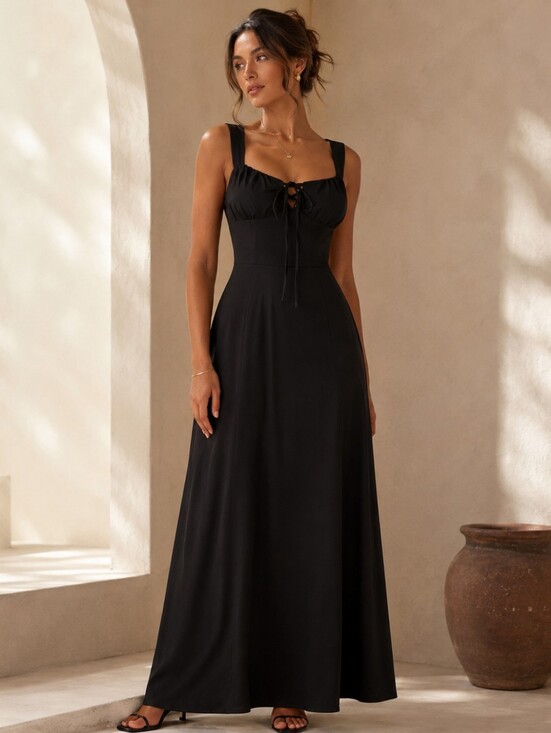 Dresses & Skirts - Like NEW Classic Black Maxi Dress with Tie Front And Corset Style Back Ties